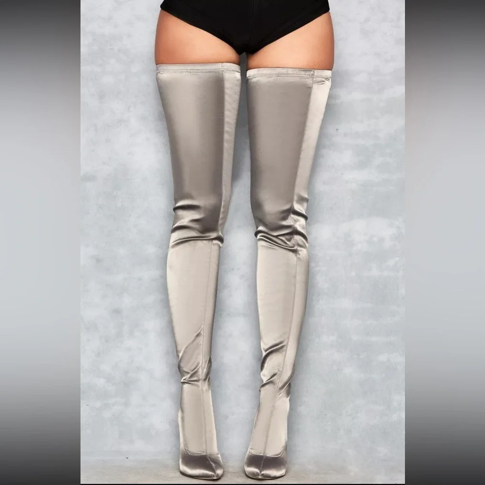 MISTRESS ROCKS 'Icon' Grey Satin Pu$$y-High Thigh Boots Size 8